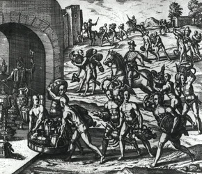 Indios trayendo jarrones y objetos de oro a Balboa